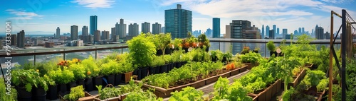 Rooftop garden in an urban setting, lush green plants and vegetables, example of sustainable city living