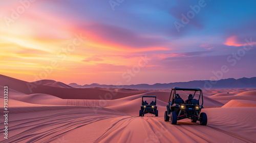 Two dune buggies paused on a desert at sunset, with a backdrop of vast sand dunes under a colorful sky.