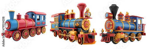 Set of 3D toy train isolated on a transparent background
