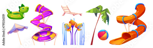 Waterpark slide and equipment for summer relax. Cartoon vector illustration set of bright amusement aquapark spiral tunnel waterslide, inflatable ball and ring, lounge chair and umbrella, palm tree.