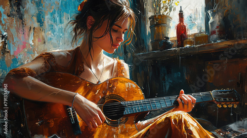Women Guitarist Playing Guitar Antique Liquid Art Watercolor Oil Painting on Canvas
