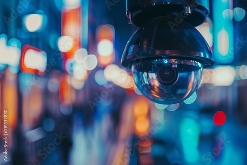 Close-Up of a CCTV Security Camera Overlooking a Bustling City Street at Night