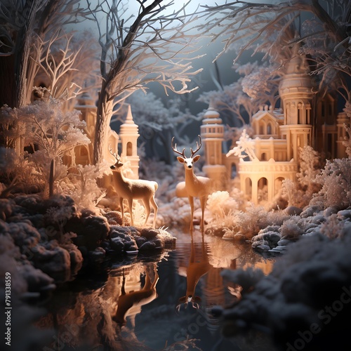 Christmas and New Year concept. Winter fairy tale scene with reindeer and castle