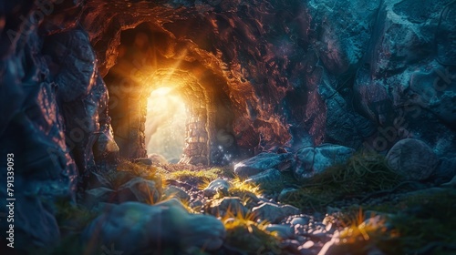 Enigmatic Empty Tomb at Dawn With Stone Entrance and Rays of Light