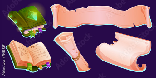 Old magic book and parchment pieces. Cartoon vector illustration set of closed and open textbook with fantastic hardcover with glowing green gem stone, ancient paper scroll and ribbon for game ui.