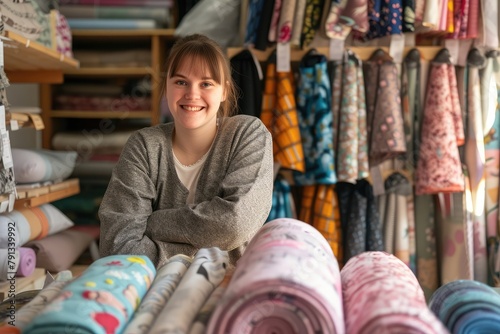 Young woman with Down syndrome working in fabric store, looking joyful and smiling. Happy woman with intellectual disability working as warehouse worker, saleswoman, sales assistant
