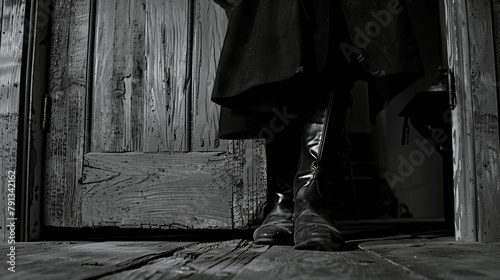 The saloon doors creak open revealing a figure dd in a tattered black cloak a widebrimmed hat casting a shadow over their obscured face. A pair of worn Western boots .