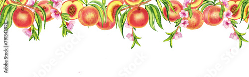Watercolor peaches and flowers seamless watercolor horizontal pattern. Ripe fruits and leaves endless hand drawn border. Background for fabric and wallpaper.
