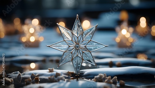 Silver christmas star on ice with bokeh background. 3d rendering