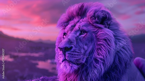 Lion in the savanna at sunset in purple colors, digital art