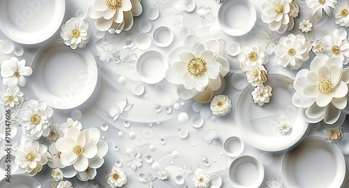 3d rendering mural wallpaper abstract with flowers ornament and white circles decoration . visually expand the space in a small room, bring more light, Generative AI