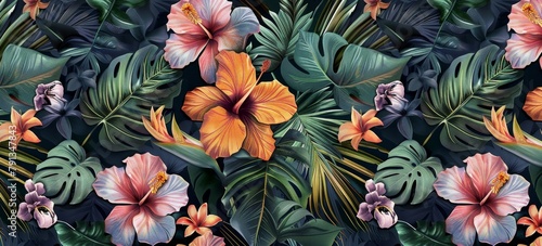 Tropical seamless pattern with exotic leaves, strelitzia flowers, hibiscus and plumeria. Vintage texture, floral background. Dark watercolor 3d illustration. For luxury wallpapers, Generative AI 