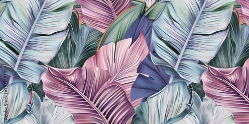 Exotic luxury seamless pattern with pastel color banana leaves, palm, colocasia. Hand-drawn 3D illustration. Vintage glamorous art design. Good for wallpapers, cloth, fabric printing, Generative AI