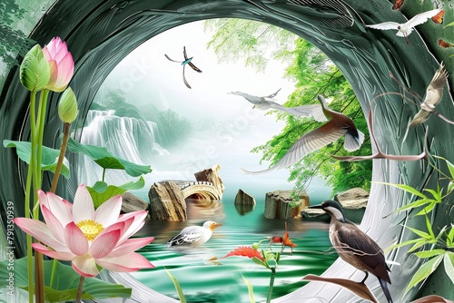 3d tunnel. Illustration with birds, fish and a stream. 3d wallpaper on the wall. 3d image, Generative AI