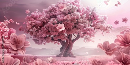 Custom wallpaper with 3D tree and pink flower background for digital printing, Generative AI