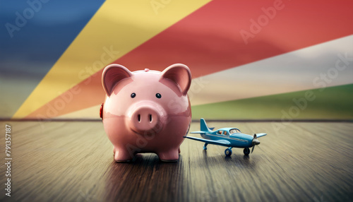 A piggy bank with an airplane against the backdrop of the Seychelles flag. Saving money for vacations, leisure, and flights.