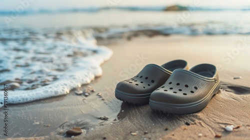 A pair of Crocs are laying on the beach in the water