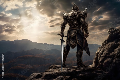 Knight with sword in the mountains. 3d rendering. Computer digital drawing.