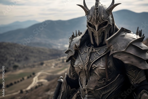 Panoramic view of a medieval knight in armor on the background of the mountains