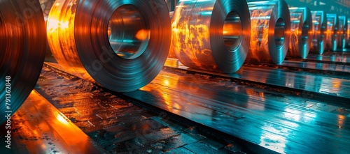 Dynamic scene in a steel rolling mill, rolls of sheet metal reflecting the glow of molten steel nearby, a testament to enduring industry