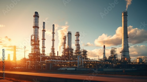Oil refinery and plant and tower column of Petrochemistry industry in oil and gas industrial with cloud orange sky sunrise background