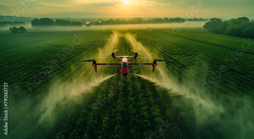 Drone spraying field with pesticides. Agriculture drone fly to sprayed fertilizer