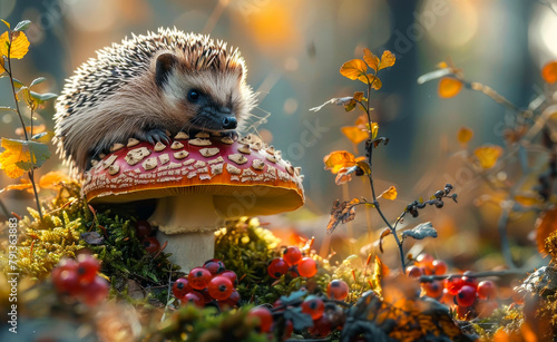 Hedgehog sitting on toadstool in autumn forest. A hedgehog eating from an enormous mushroom in the mossy forest