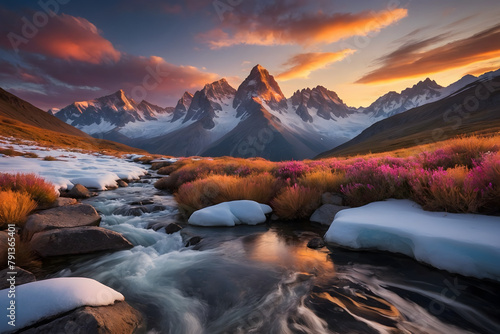 A landscape of an icy mountain at sunset