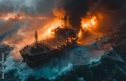 Large tanker is burning in the sea at night. The ship in fire