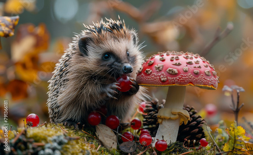 Hedgehog and toadstool in the forest. A hedgehog eating from an enormous mushroom in the mossy forest