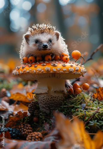 Hedgehog sitting on mushroom with rose hips in the forest