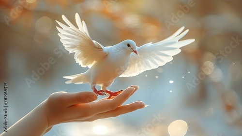 Symbolizing hope and peace: White dove landing on hand against soft background. Concept Symbolism, Hope, Peace, White Dove, Soft Background