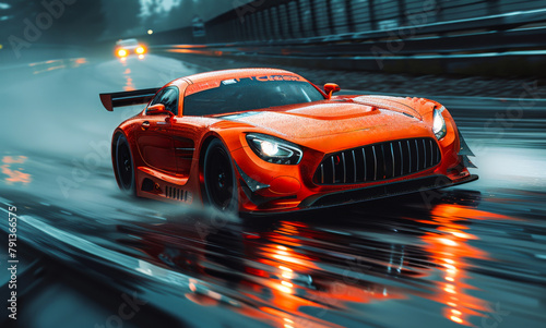 Red sports car driving on wet road. A race car on a track skillfully managing the brakes and accelerator for cornering