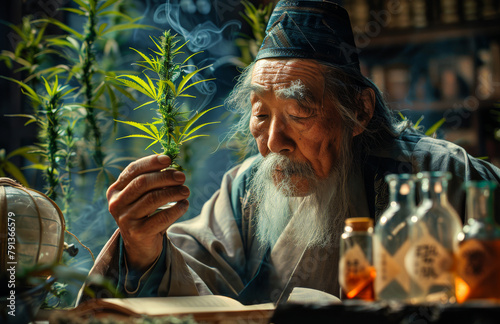 Portrait of old wise man smoking cannabis