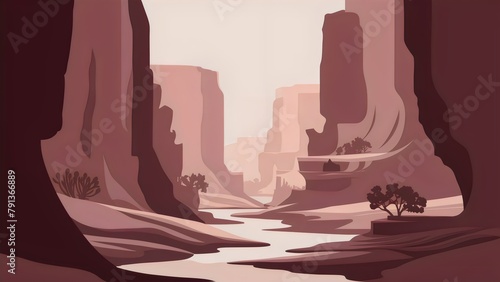 a painting of a canyon with a tree in the middle.