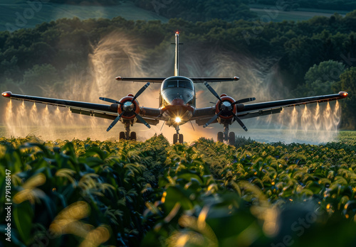 Crop duster sprays agricultural chemicals over field of vegetation.