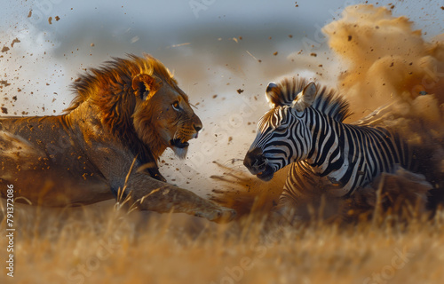 Male lion and zebra clash in the African savannah during the mating season