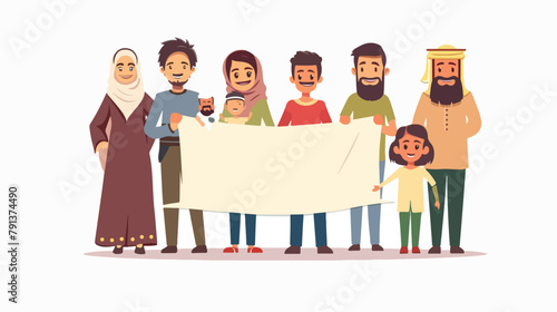 Family holding banner with refugee teks. World refuge