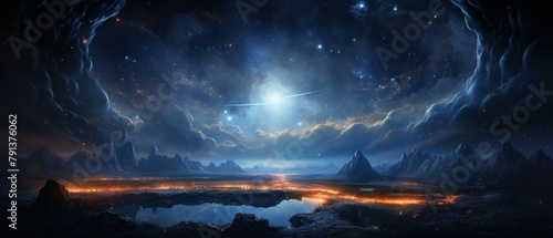 An epic fantasy landscape painting of a crater on a distant planet with a lake of lava and a starry night sky.