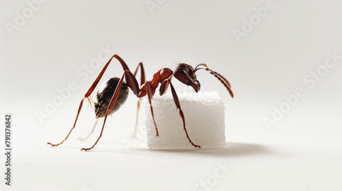 A small red ant is standing on a piece of white styrofoam. The ant appears to be looking down at the ground. a single ant caring a cube of sugar on its back, white background