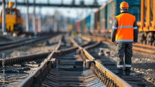 Railway worker in high-visibility clothing inspects the railroad tracks, ensuring safety and proper maintenance.