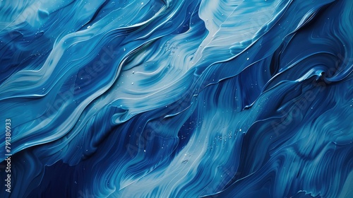 Blue waves provide an abstract background texture, Print, painting, design, and fashion ,An exquisite close-up view of blue fluid art, showcasing swirling and flowing patterns with a glossy finish 