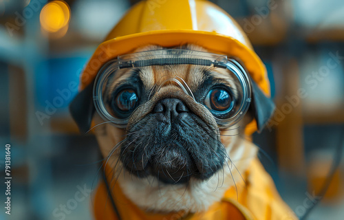 Dog in construction helmet. Funny pug dog in construction worker's helmet