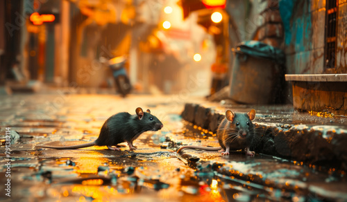 Two rats walking on the wet street in the morning