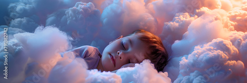 Small Child Sleeping in Heavenly Clouds, A Small Child's Dreamy Journey, Nestled in Heavenly Clouds, Sunlit and Fluffy, Floating into the Depths of Dreamland 