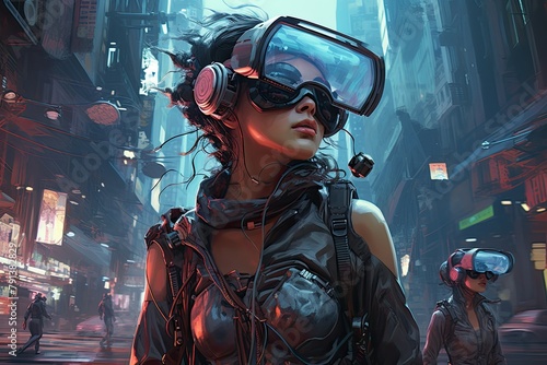 A woman with goggles on walking in a futuristic city filled with technological buildings and neon lights. Generative AI