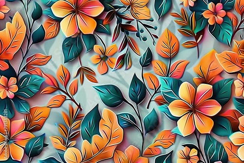 Wall hanging branches seamless pattern leaves fall with bright color flowers illustration background. 3d abstraction wallpaper for interior mural wall, Generative AI