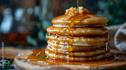 A stack of pancakes, with dripping maple syrup as the background, during a lazy weekend brunch