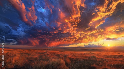 dramatic sky ablaze with colors as a storm clears at sunset, casting a golden glow over the landscape in the aftermath of nature's fury.