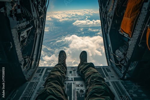 A military paratrooper in an airplane before a parachute jump